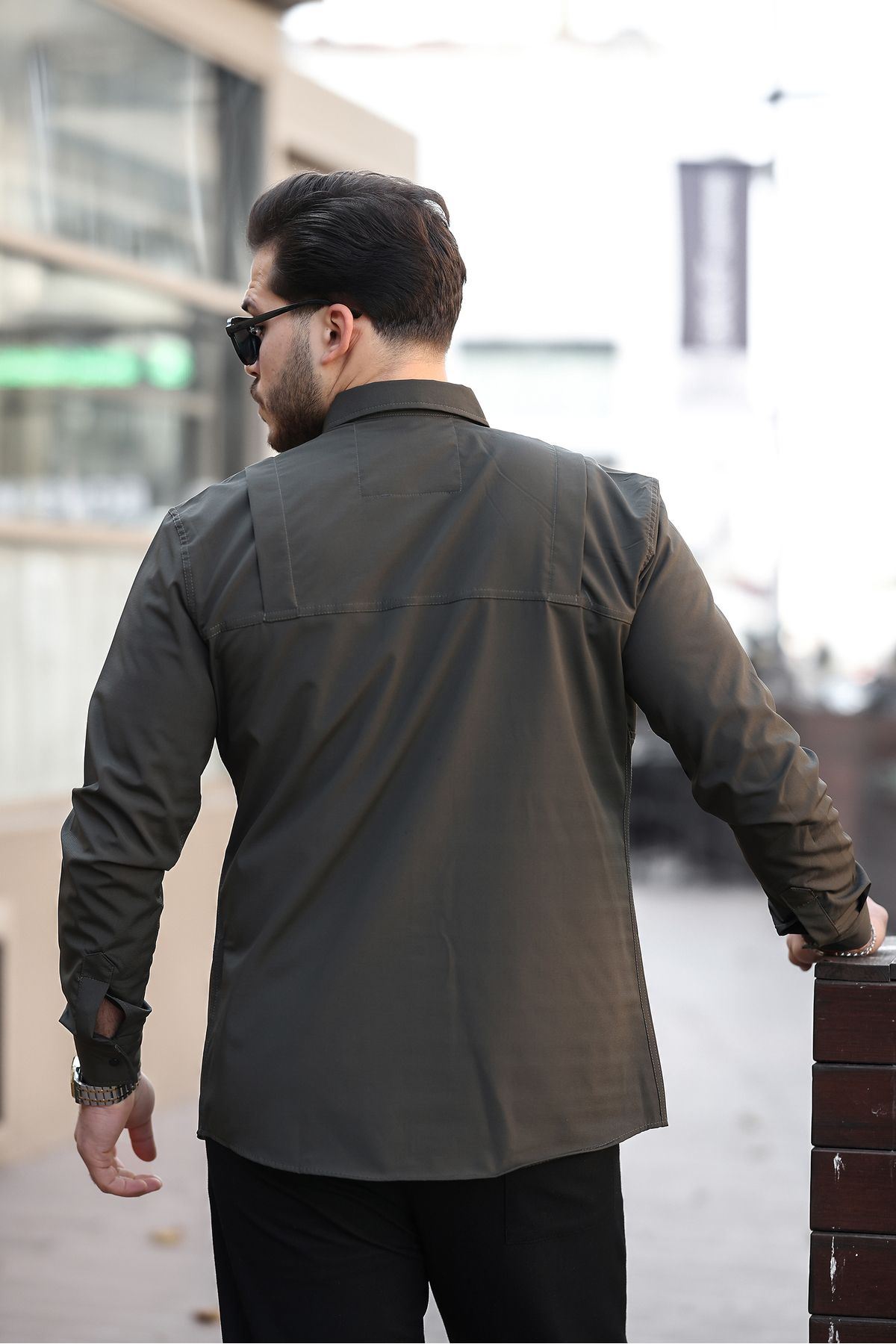 Erkek Mevsimlik Trend Gizli Cep Paraşüt Haki Gömlek