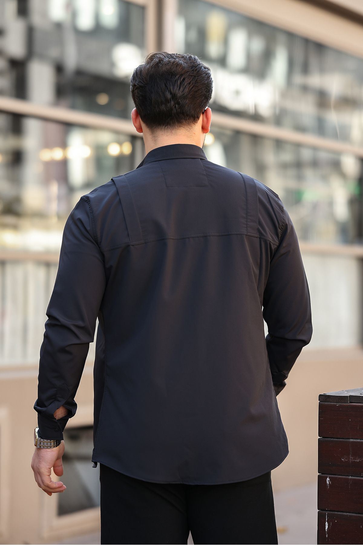 Erkek Mevsimlik Trend Gizli Cep Paraşüt Siyah Gömlek
