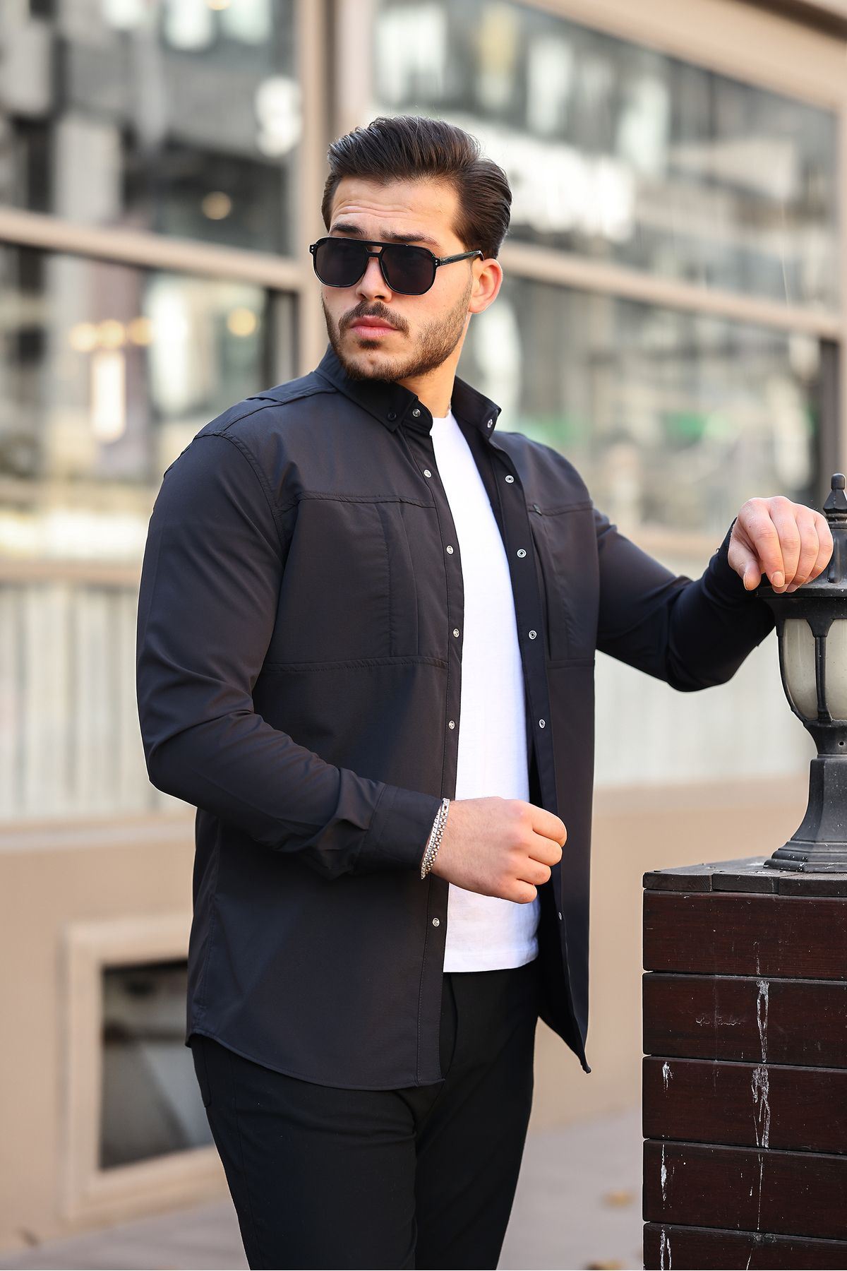 Erkek Mevsimlik Trend Gizli Cep Paraşüt Siyah Gömlek