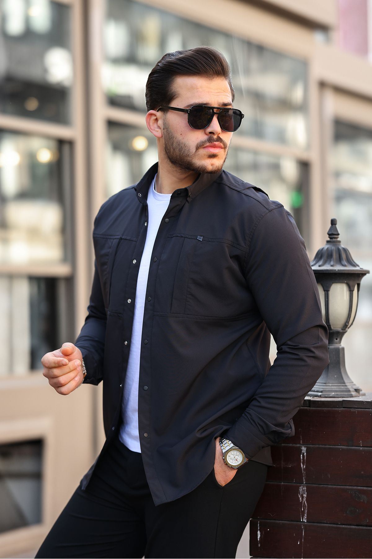 Erkek Mevsimlik Trend Gizli Cep Paraşüt Siyah Gömlek