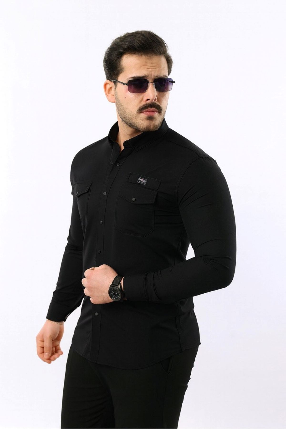 Erkek Cepli Paraşüt Kumaş Uzun Kol Dar Siyah Gömlek
