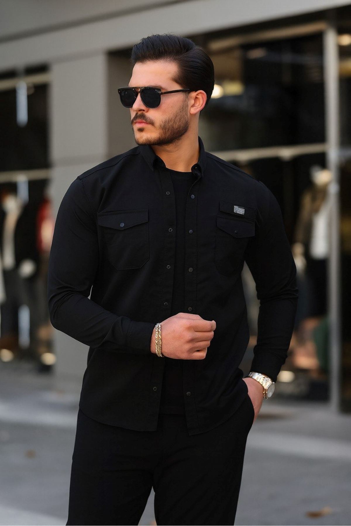Erkek Cepli Paraşüt Kumaş Uzun Kol Dar Siyah Gömlek