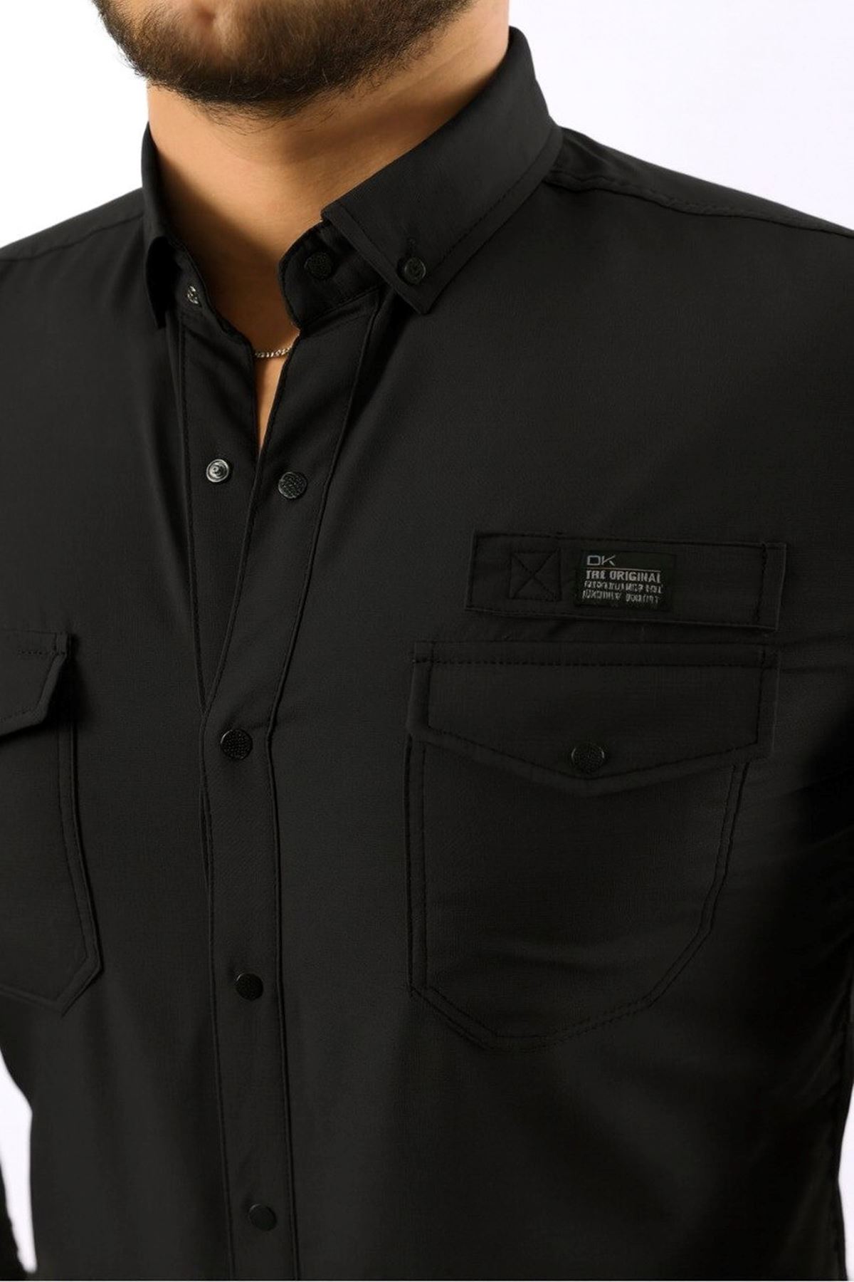Erkek Cepli Paraşüt Kumaş Uzun Kol Dar Siyah Gömlek