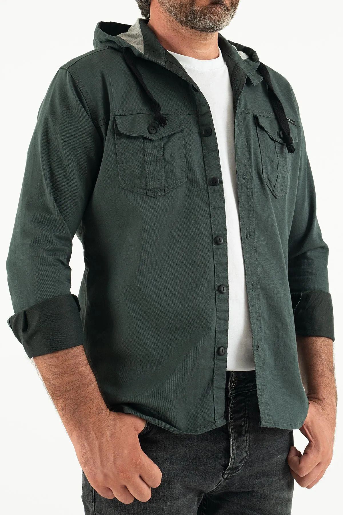 Erkek Slim Fit Dar Kalıp Kapüşonlu Kot Gömlek