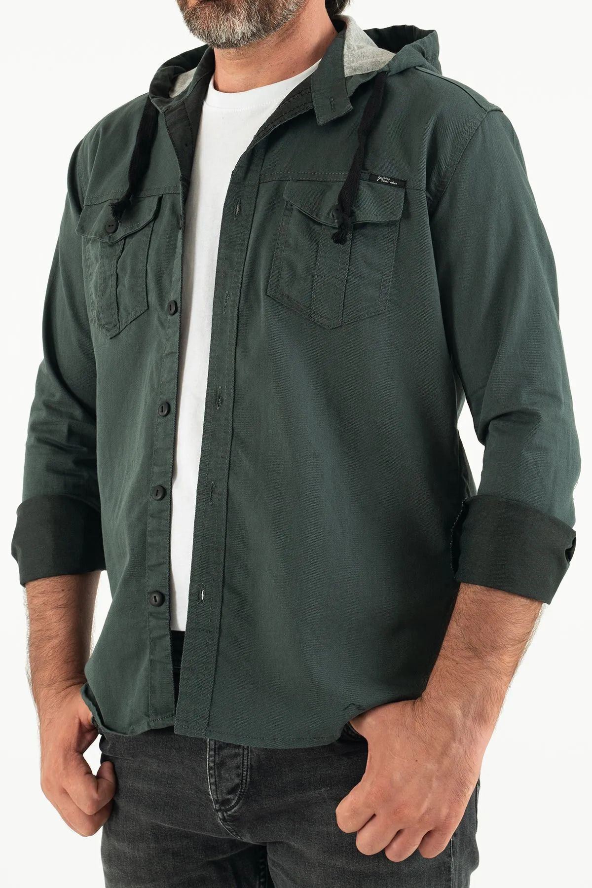 Erkek Slim Fit Dar Kalıp Kapüşonlu Kot Gömlek