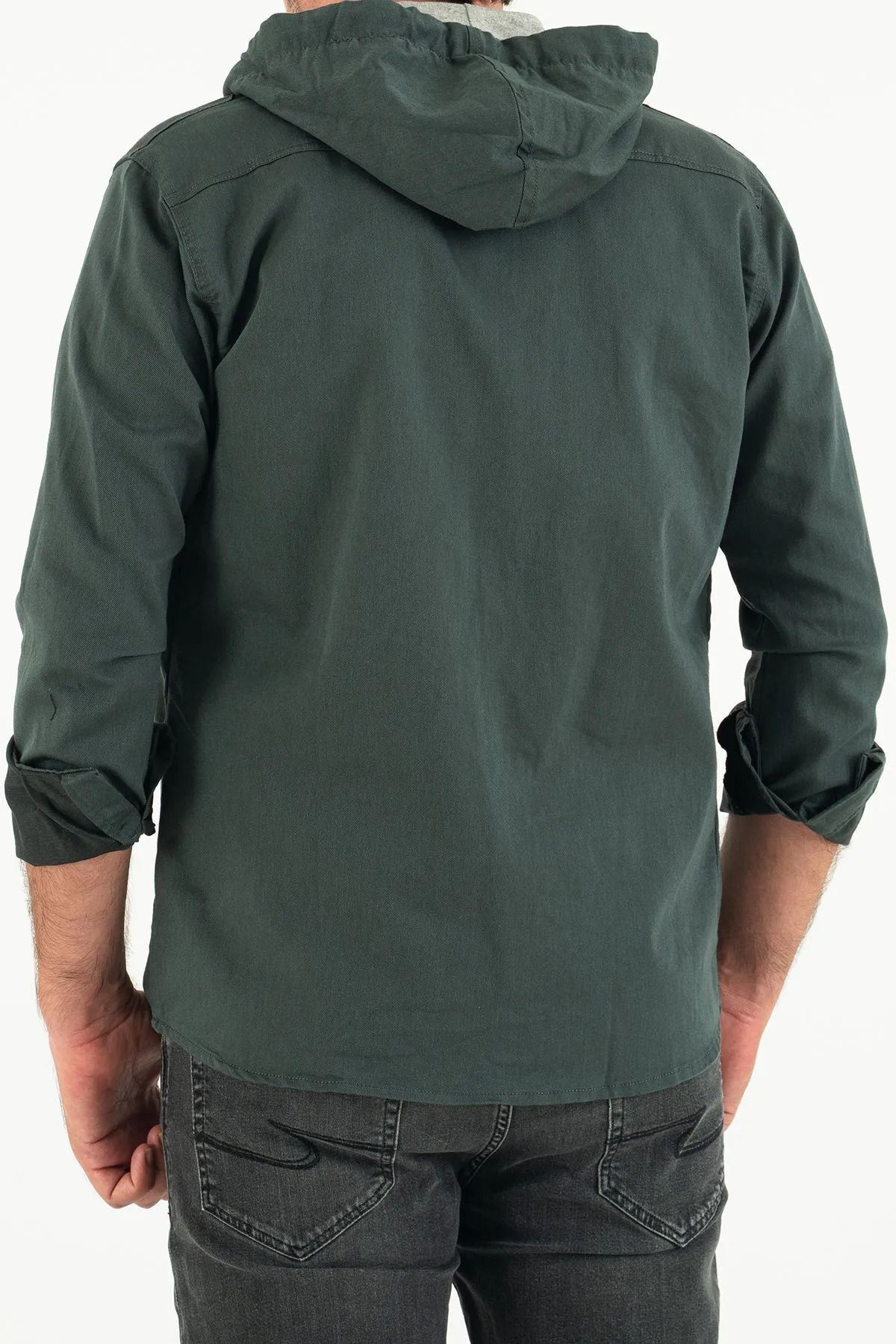 Erkek Slim Fit Dar Kalıp Kapüşonlu Kot Gömlek