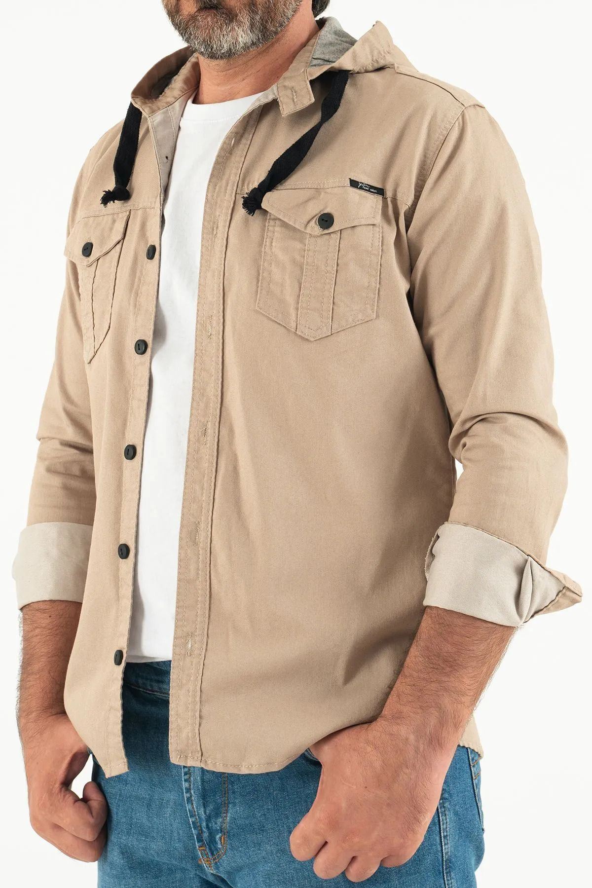 Erkek Slim Fit Dar Kalıp Kapüşonlu Kot Gömlek