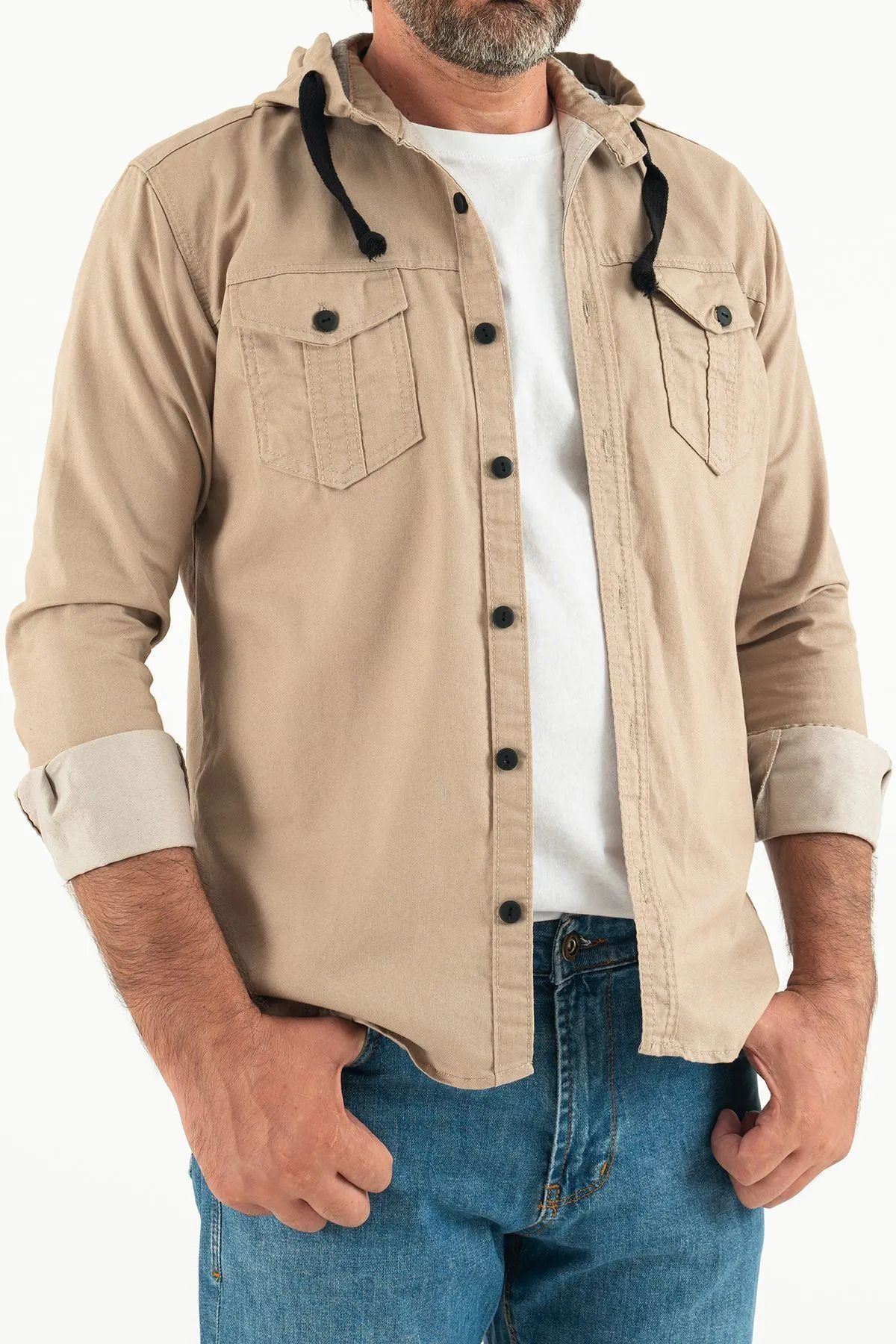 Erkek Slim Fit Dar Kalıp Kapüşonlu Kot Gömlek