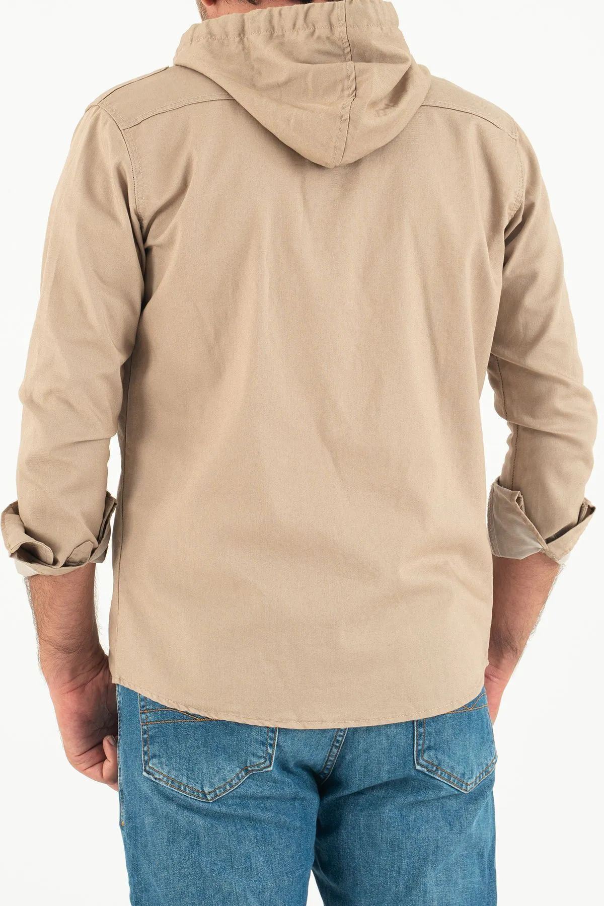 Erkek Slim Fit Dar Kalıp Kapüşonlu Kot Gömlek