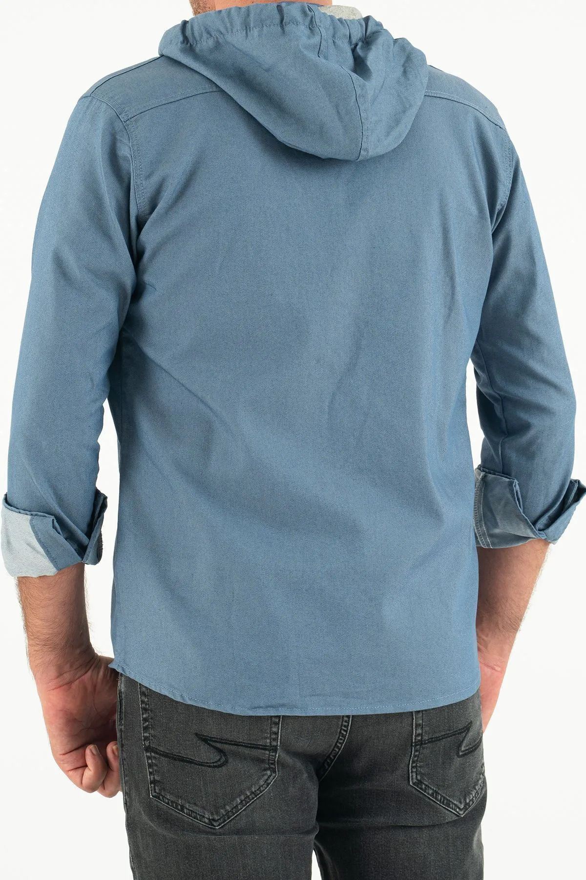 Erkek Günlük Trend Kapşonlu Dar Mavi Kot Gömlek