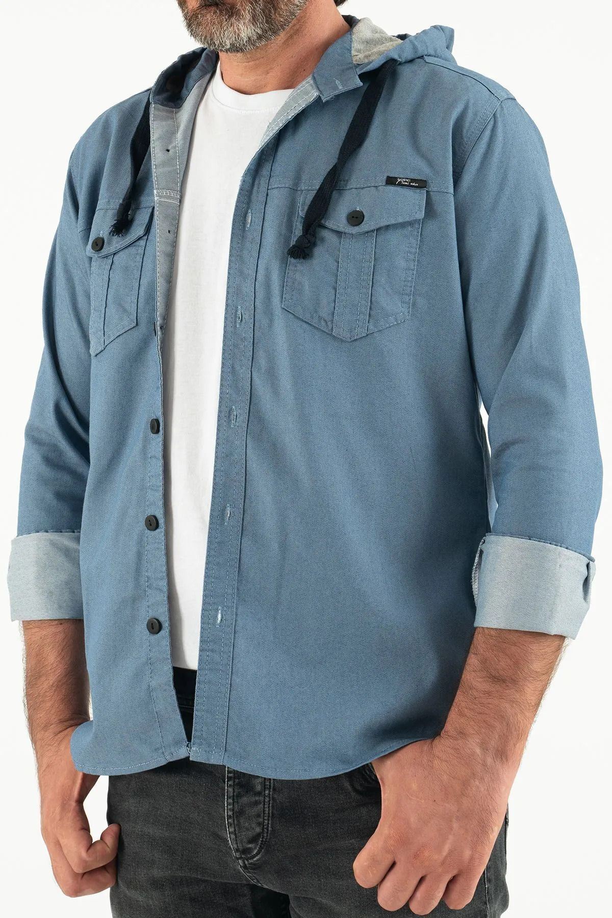Erkek Günlük Trend Kapşonlu Dar Mavi Kot Gömlek