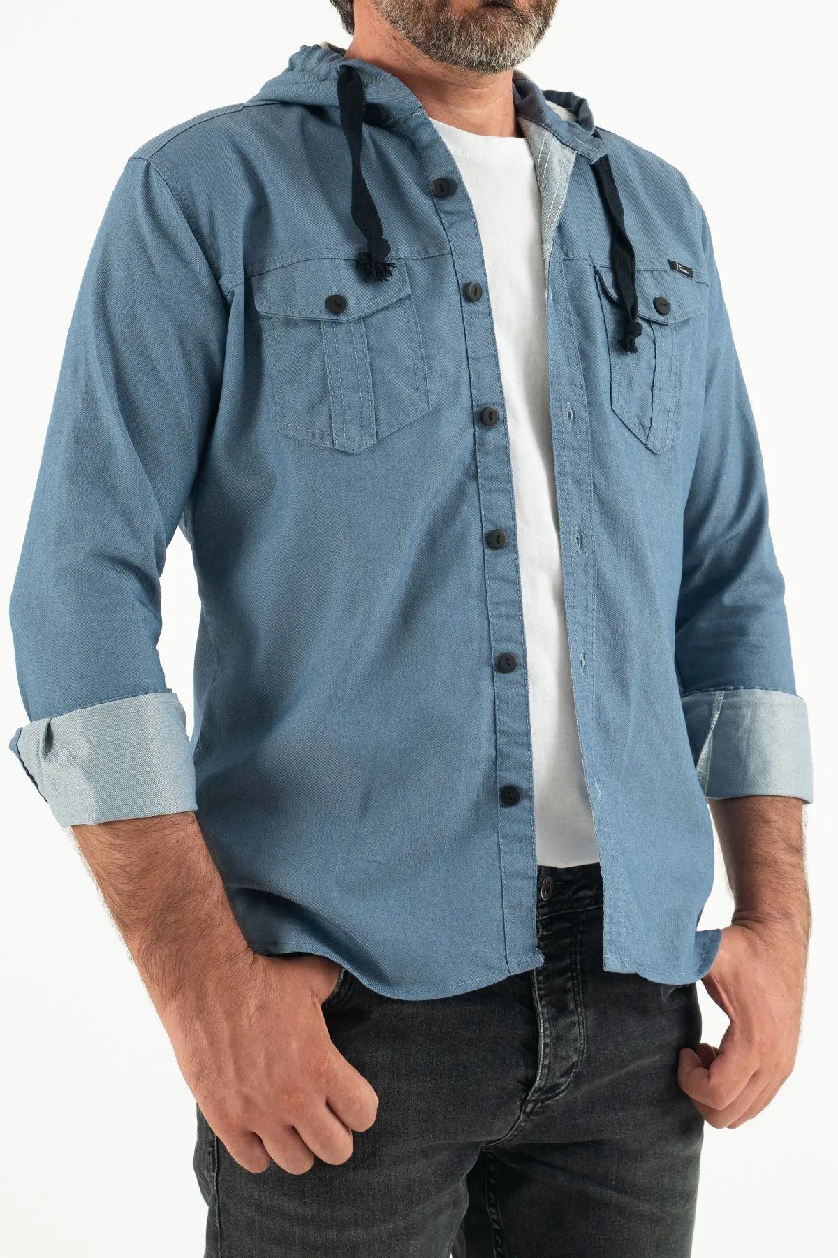 Erkek Günlük Trend Kapşonlu Dar Mavi Kot Gömlek