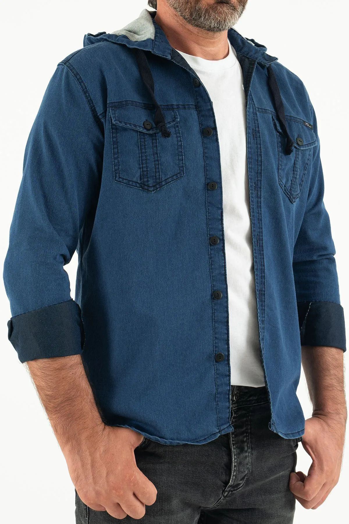 Erkek Slim Fit Dar Kalıp Kapüşonlu Kot Gömlek