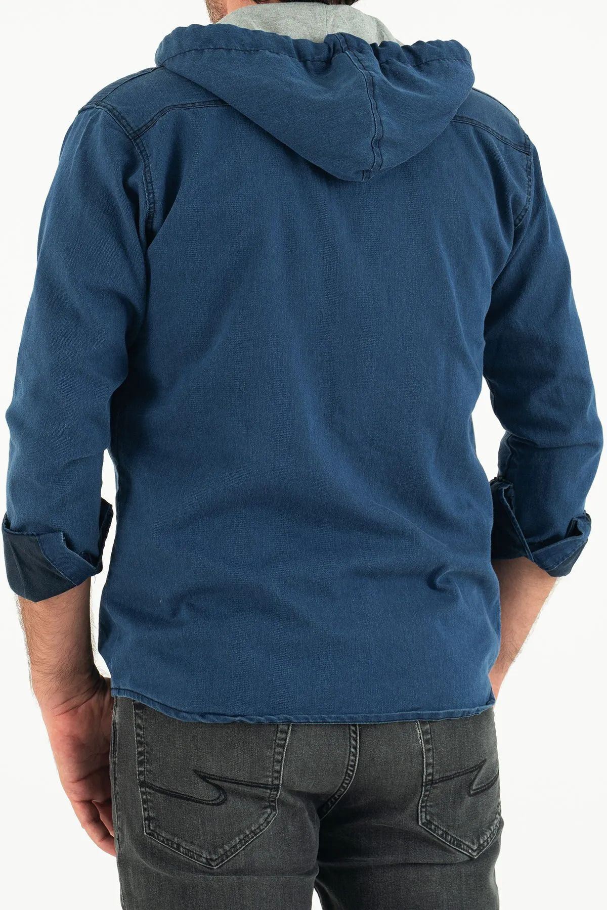 Erkek Slim Fit Dar Kalıp Kapüşonlu Kot Gömlek