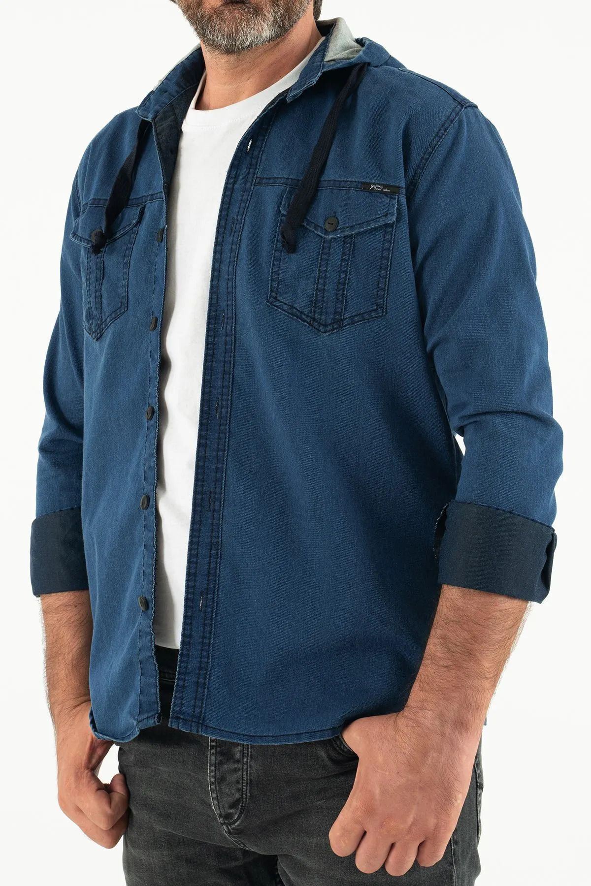 Erkek Slim Fit Dar Kalıp Kapüşonlu Kot Gömlek