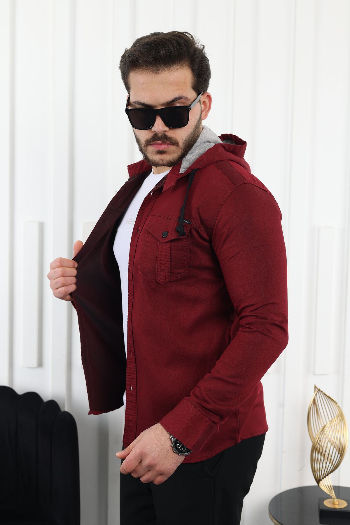 Erkek Slim Fit Dar Kalıp Kapüşonlu Kot Gömlek
