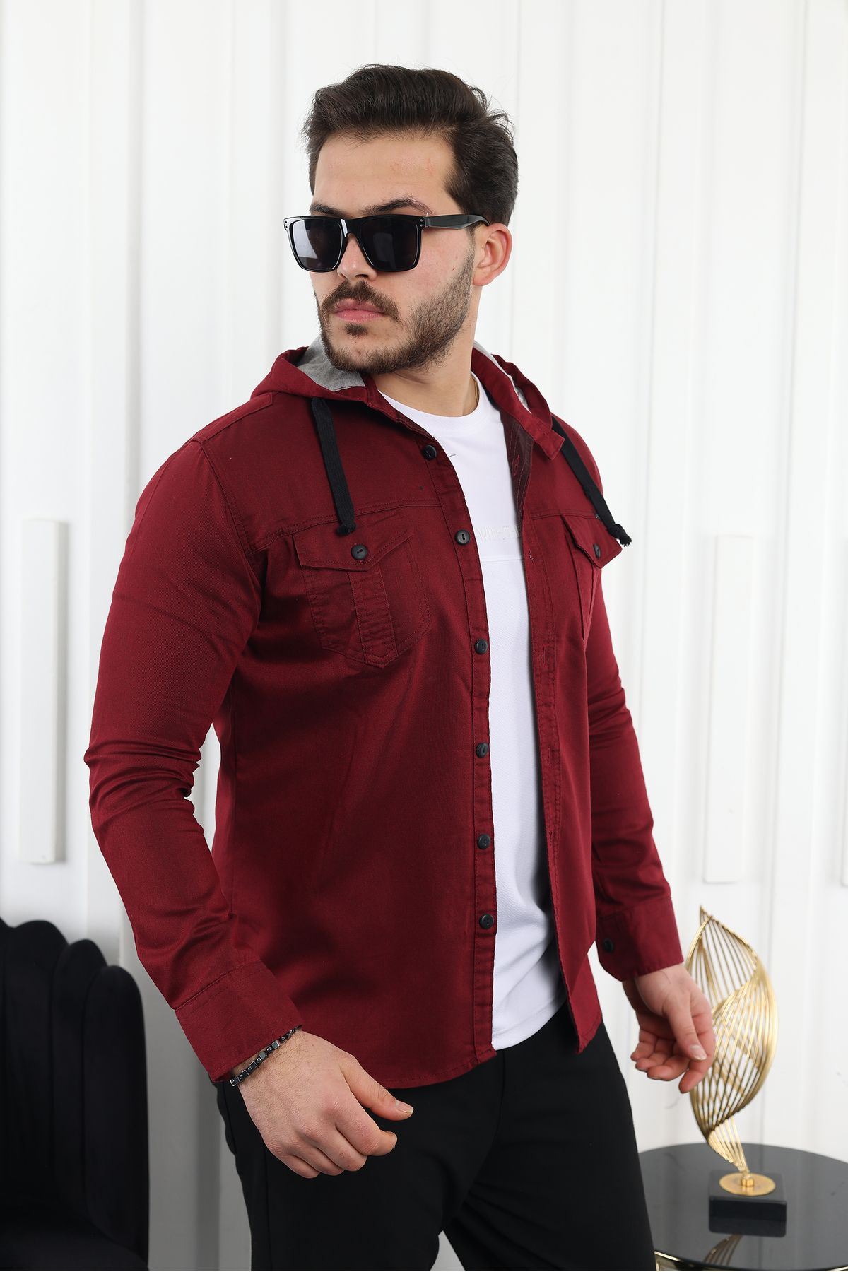 Erkek Slim Fit Dar Kalıp Kapüşonlu Kot Gömlek