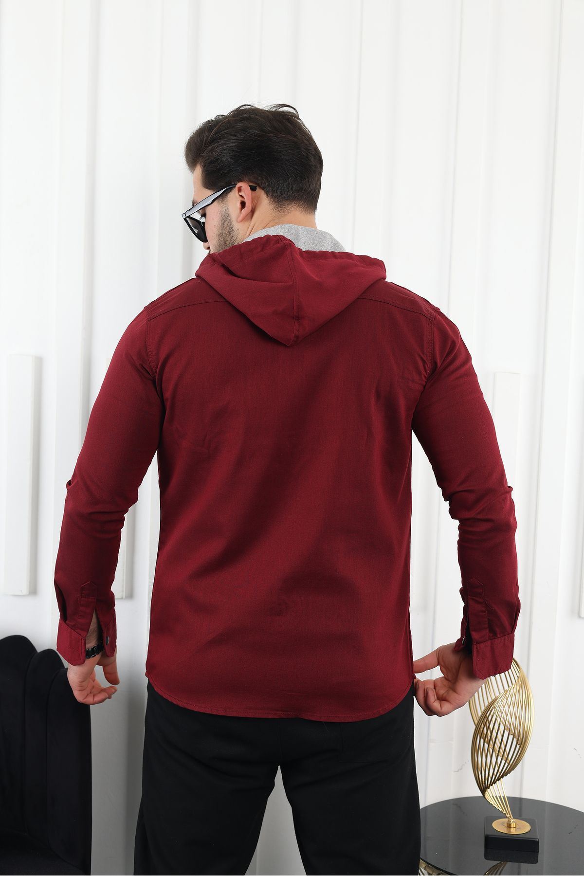 Erkek Slim Fit Dar Kalıp Kapüşonlu Kot Gömlek