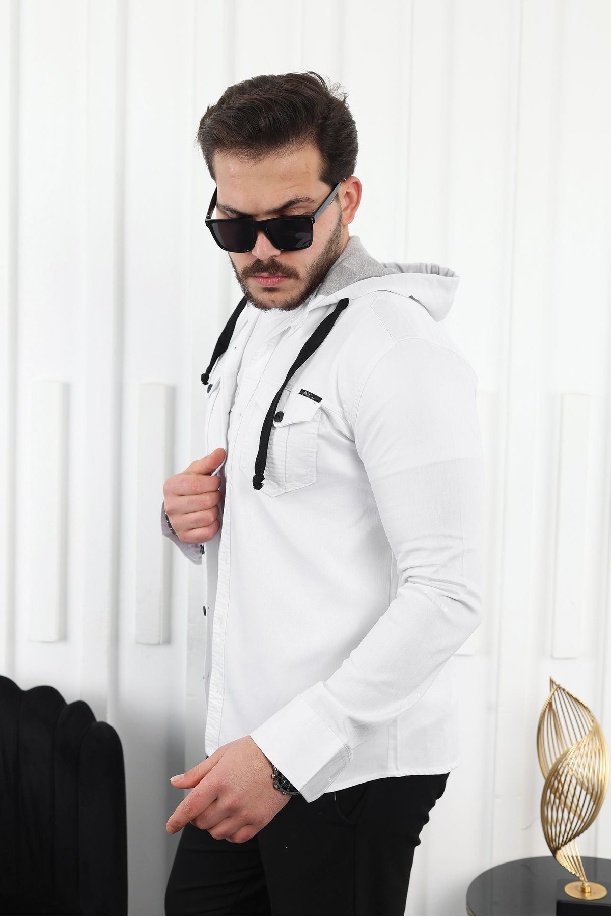 Erkek Slim Fit Dar Kalıp Kapüşonlu Kot Gömlek