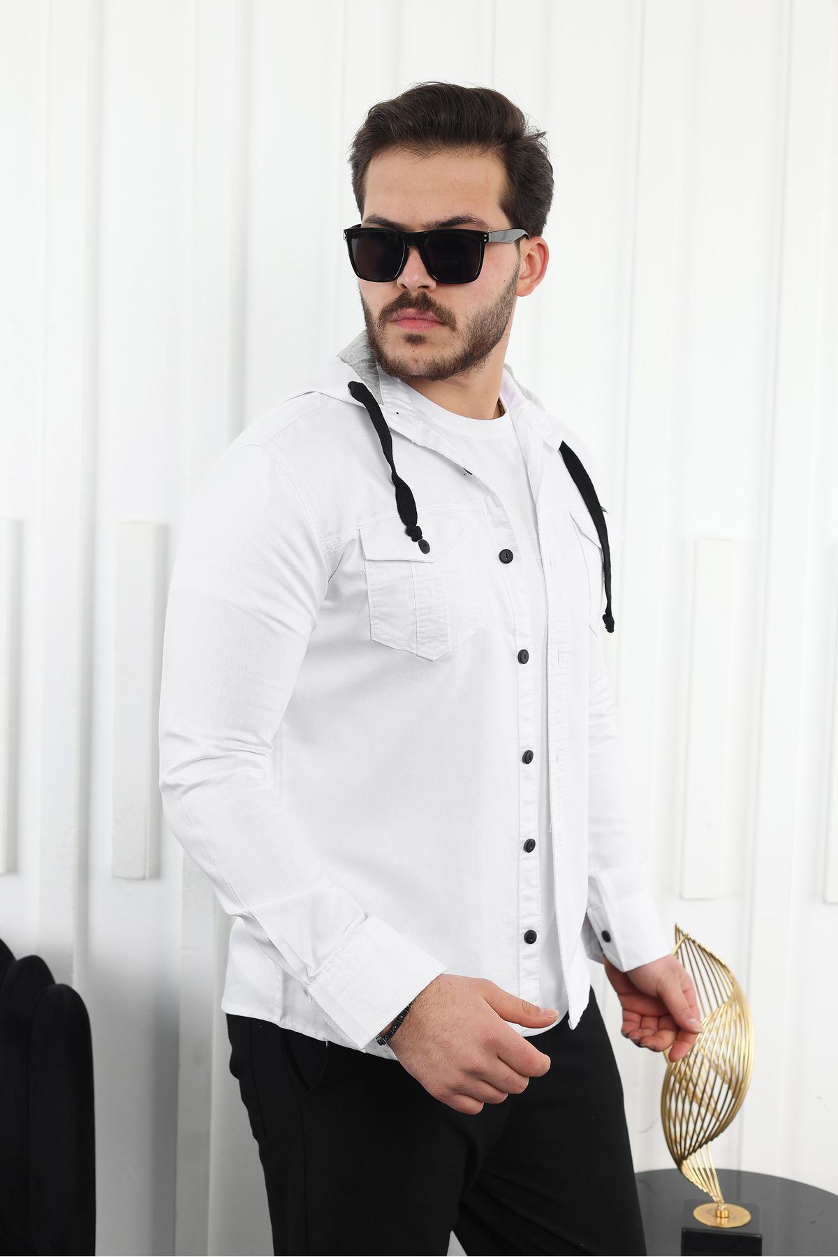 Erkek Slim Fit Dar Kalıp Kapüşonlu Kot Gömlek