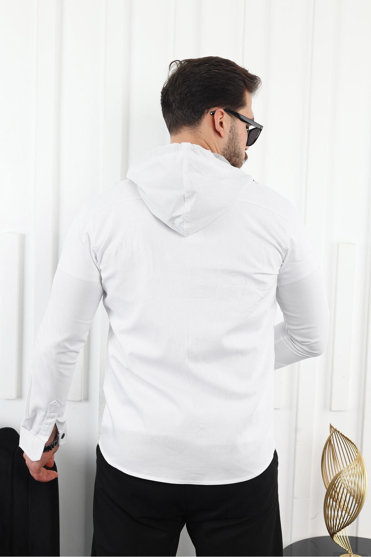 Erkek Slim Fit Dar Kalıp Kapüşonlu Kot Gömlek