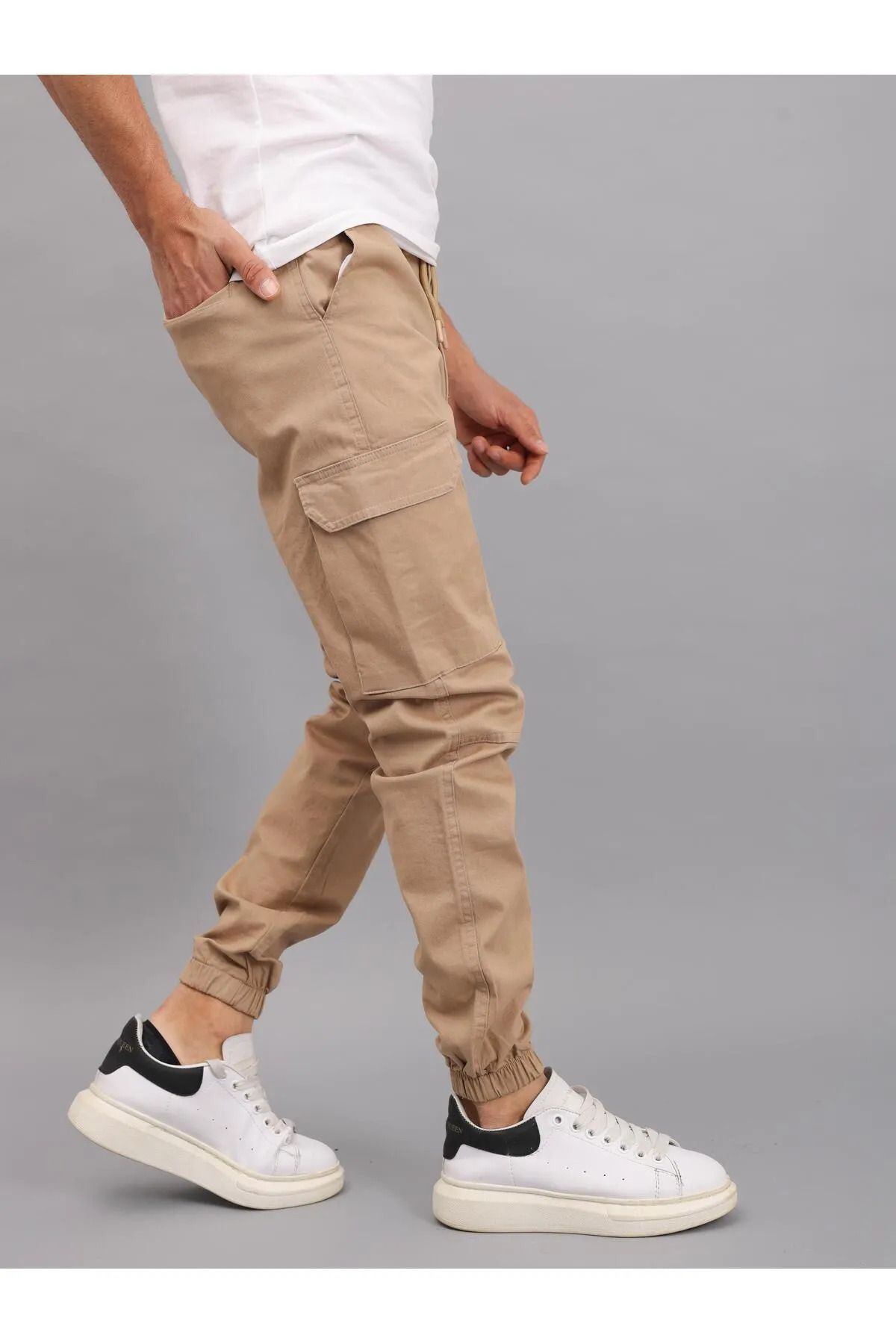 Erkek Lastikli Jogger Bej Kargo Cepli Pantolon