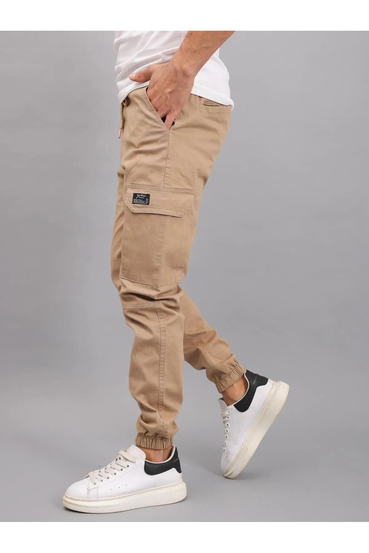 Erkek Lastikli Jogger Bej Kargo Cepli Pantolon
