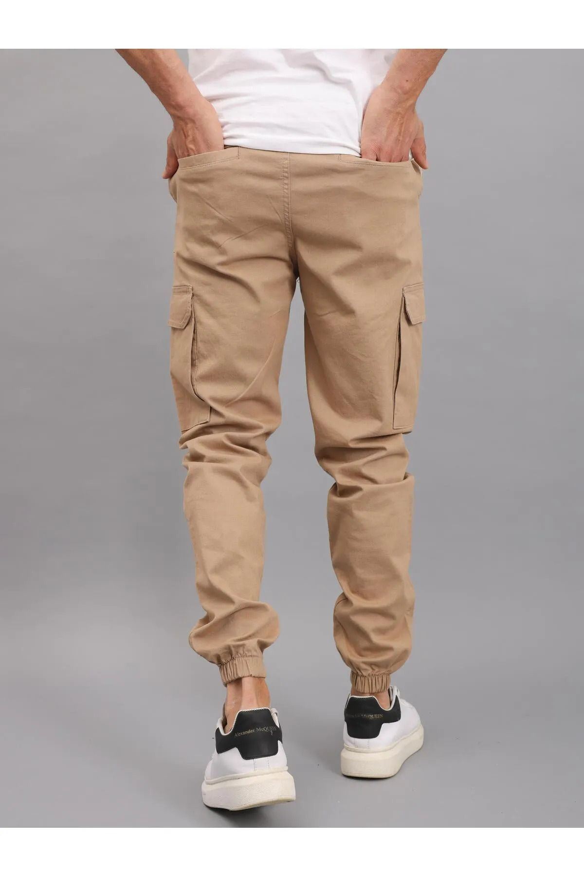 Erkek Lastikli Jogger Bej Kargo Cepli Pantolon