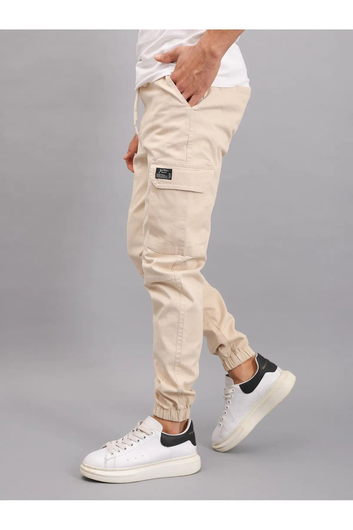 Erkek Lastikli Jogger Krem Kargo Cepli Pantolon