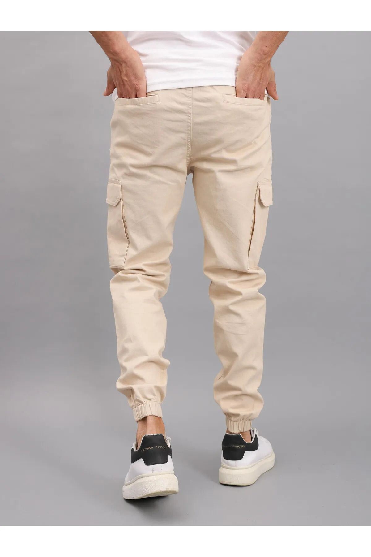 Erkek Lastikli Jogger Krem Kargo Cepli Pantolon