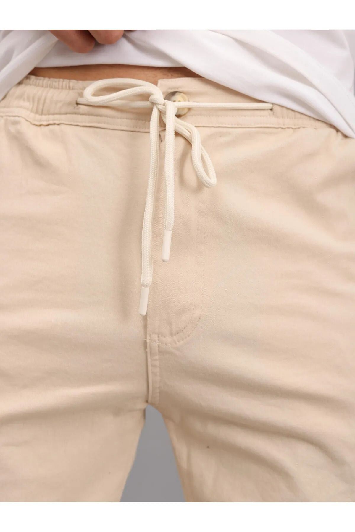 Erkek Lastikli Jogger Krem Kargo Cepli Pantolon