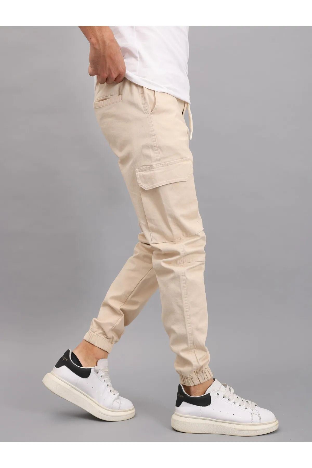 Erkek Lastikli Jogger Krem Kargo Cepli Pantolon