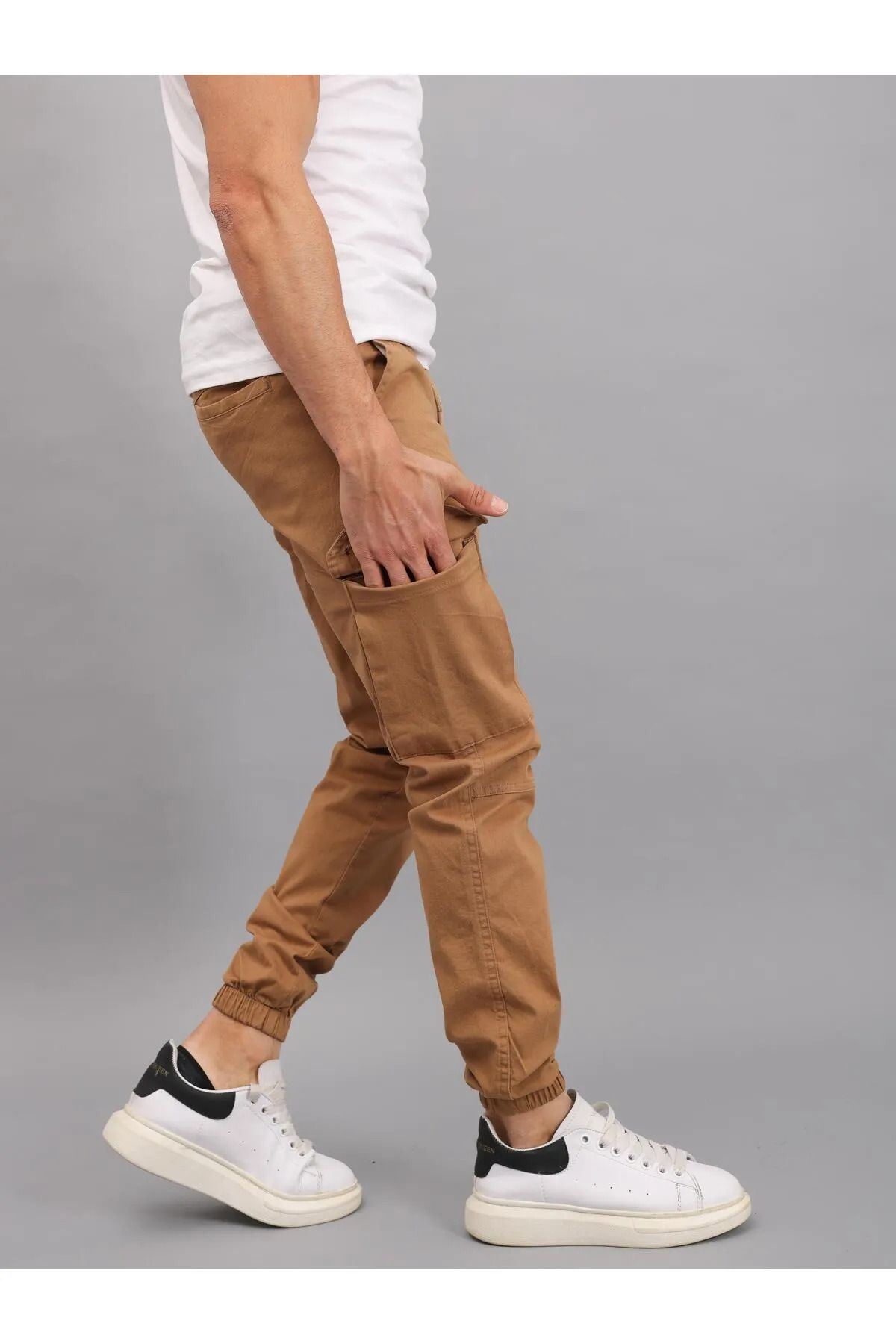 Erkek Lastikli Jogger Camel Kargo Cepli Pantolon