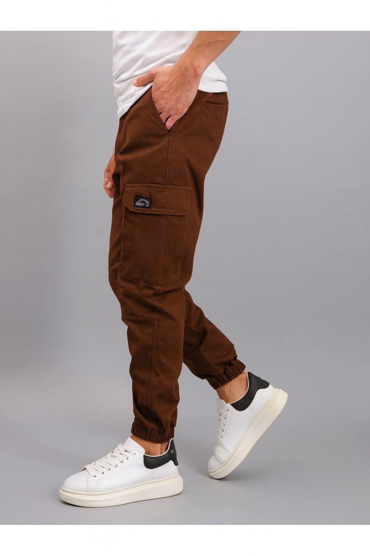 Erkek Beli Lastikli Kargo Cep Kiremit Jogger Pantolon