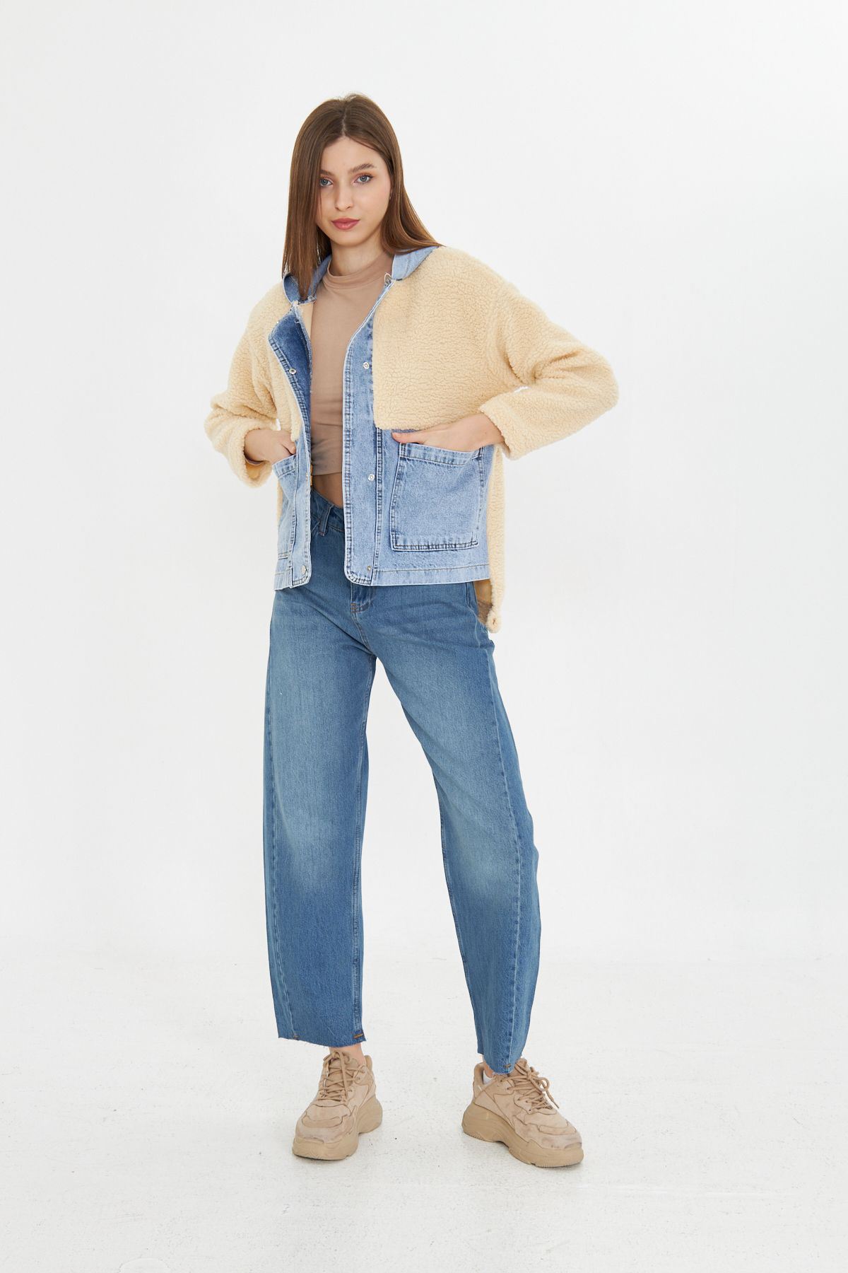 Kadın Kapüşonlu Denim Detaylı Peluş Ceket