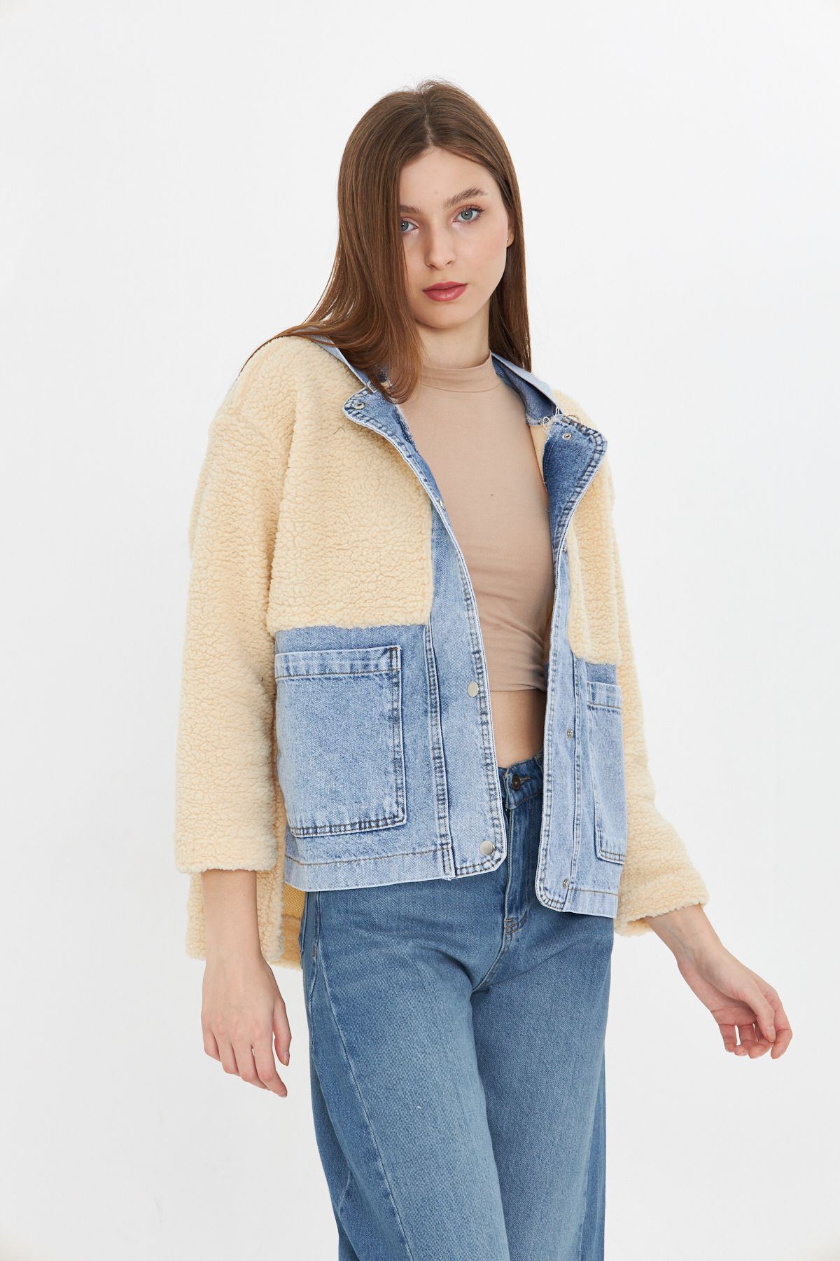 Kadın Kapüşonlu Denim Detaylı Peluş Ceket