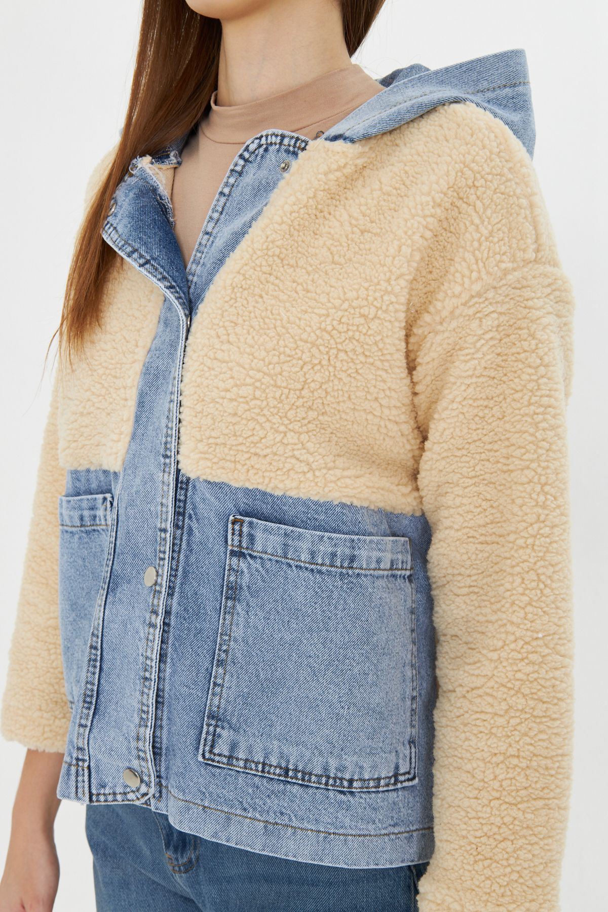 Kadın Kapüşonlu Denim Detaylı Peluş Ceket