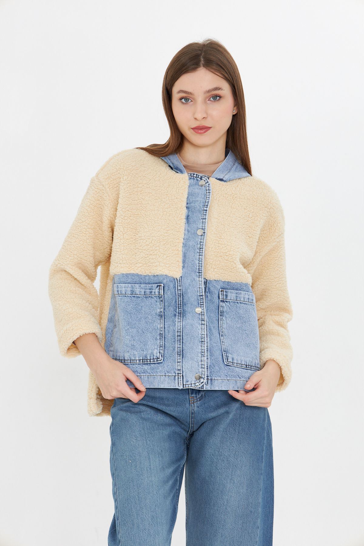 Kadın Kapüşonlu Denim Detaylı Peluş Ceket