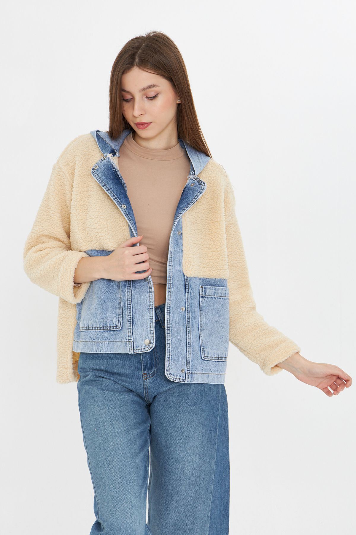 Kadın Kapüşonlu Denim Detaylı Peluş Ceket