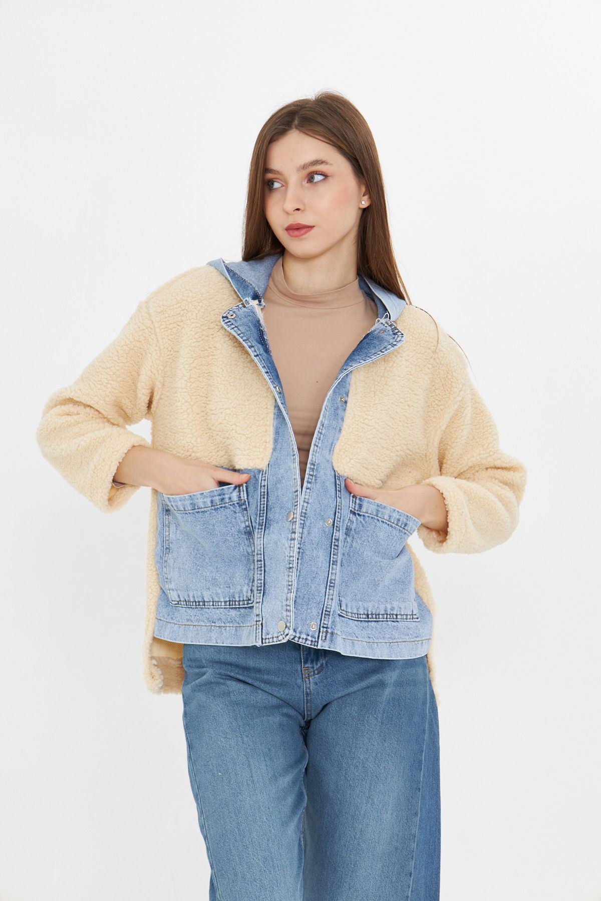 Kadın Kapüşonlu Denim Detaylı Peluş Ceket