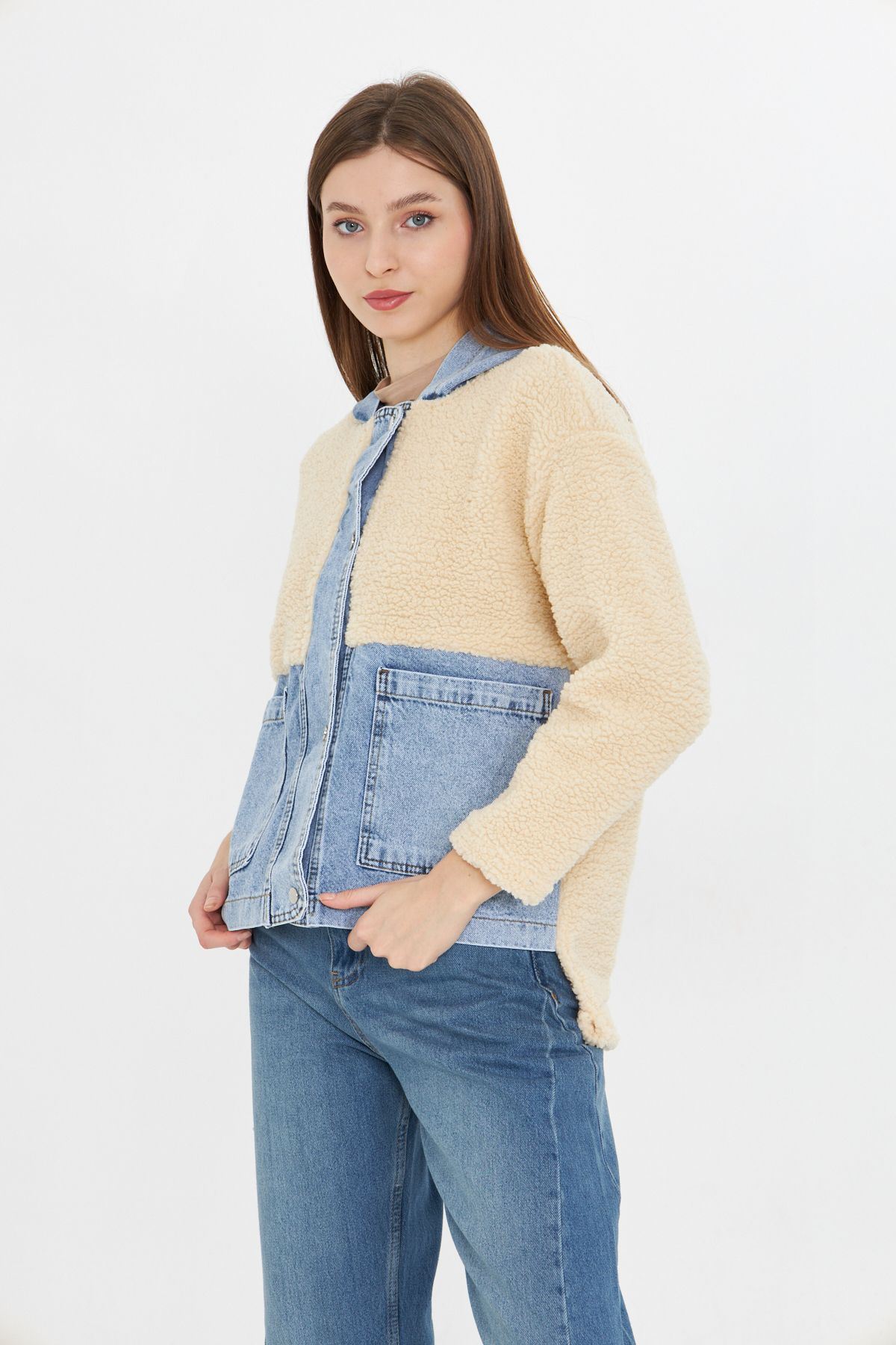 Kadın Kapüşonlu Denim Detaylı Peluş Ceket