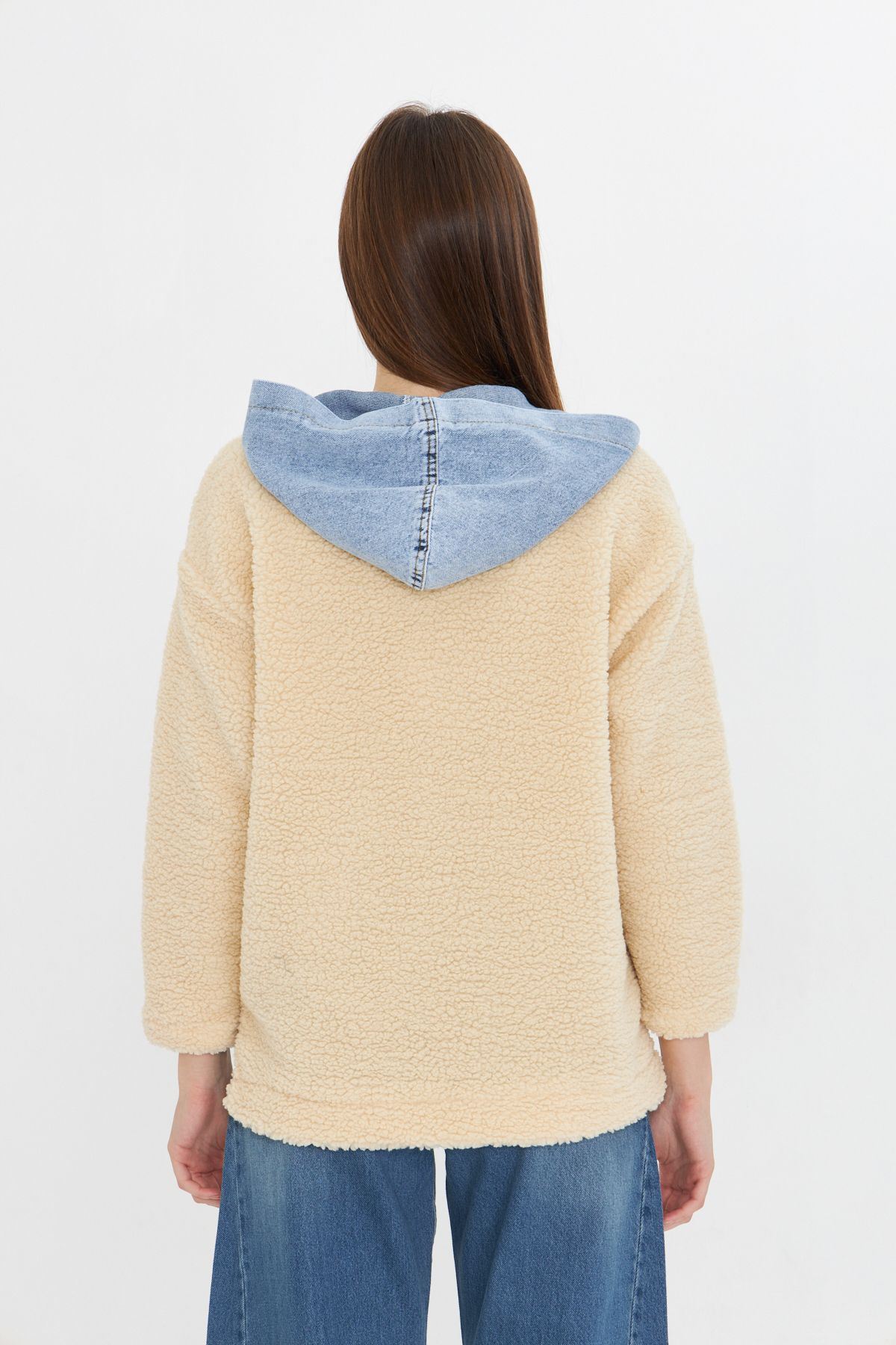 Kadın Kapüşonlu Denim Detaylı Peluş Ceket