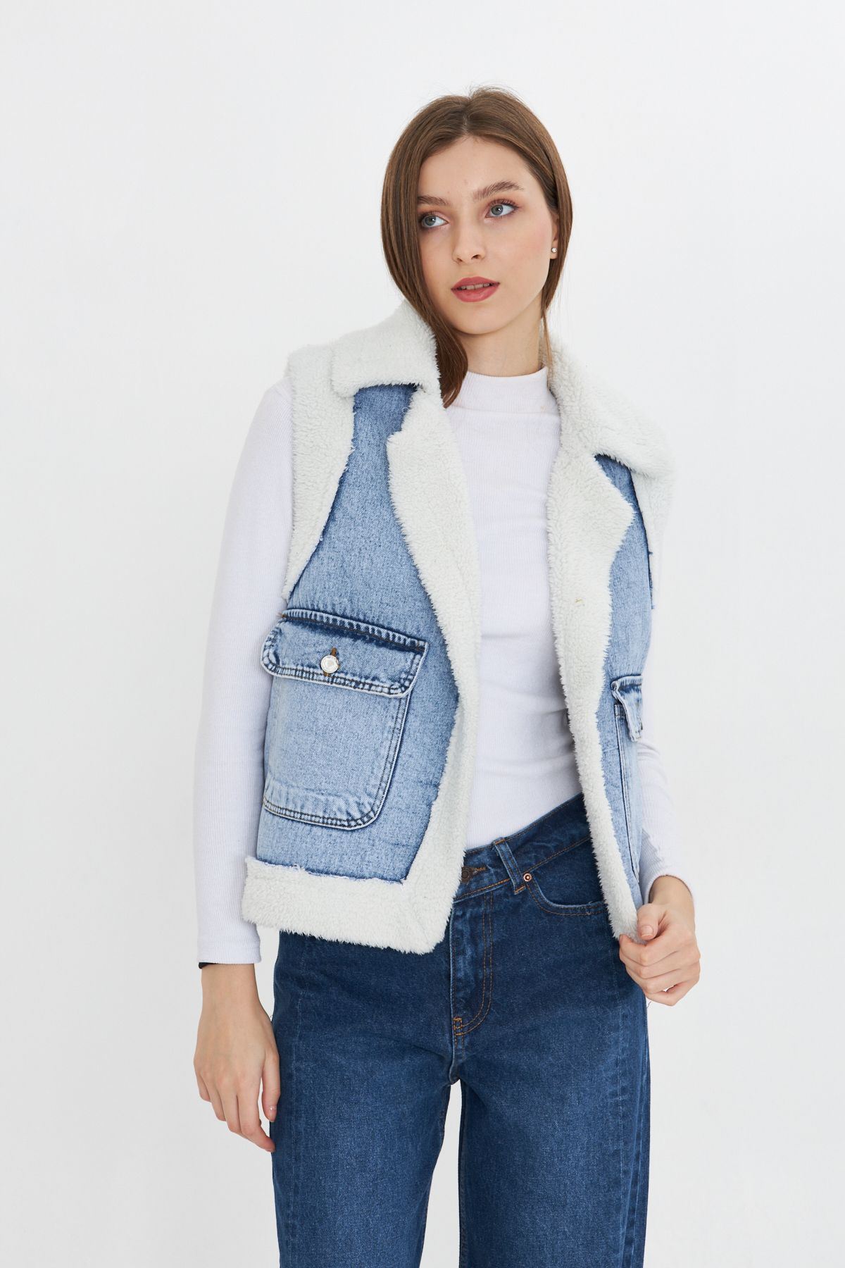 Kadın Çift Cepli Peluşlu Denim Yelek