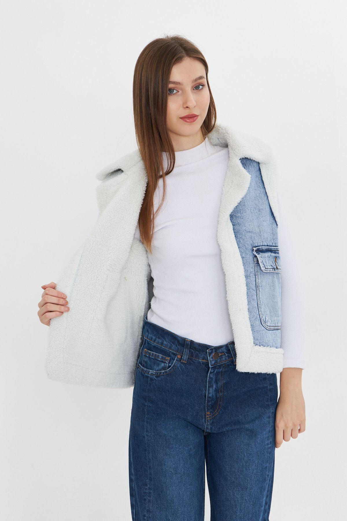 Kadın Çift Cepli Peluşlu Denim Yelek