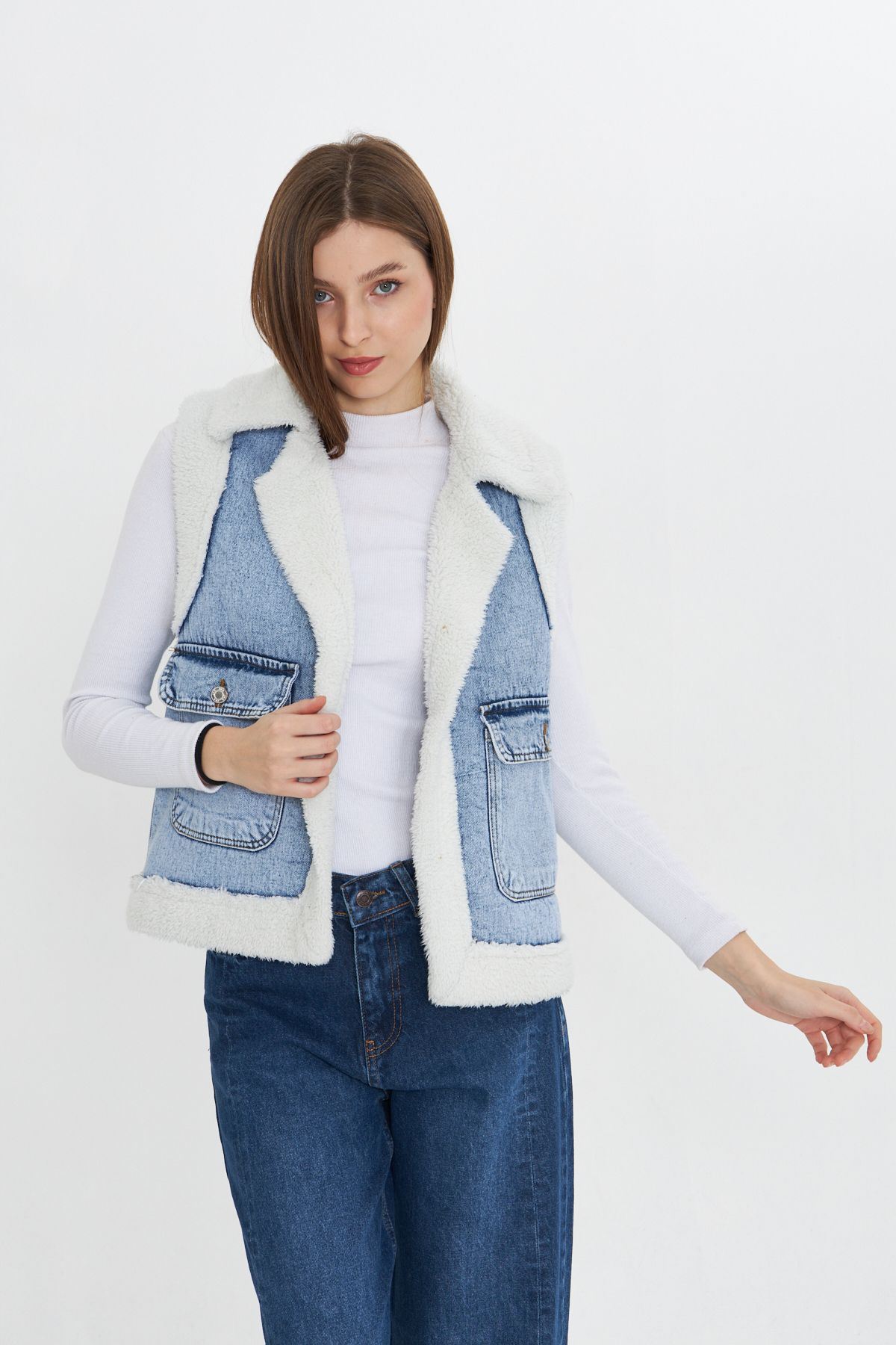 Kadın Çift Cepli Peluşlu Denim Yelek