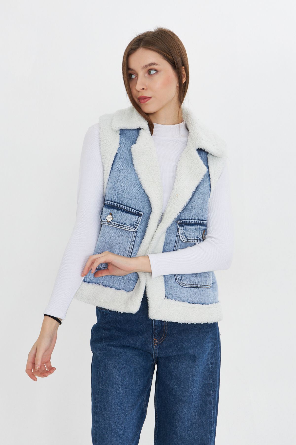 Kadın Çift Cepli Peluşlu Denim Yelek