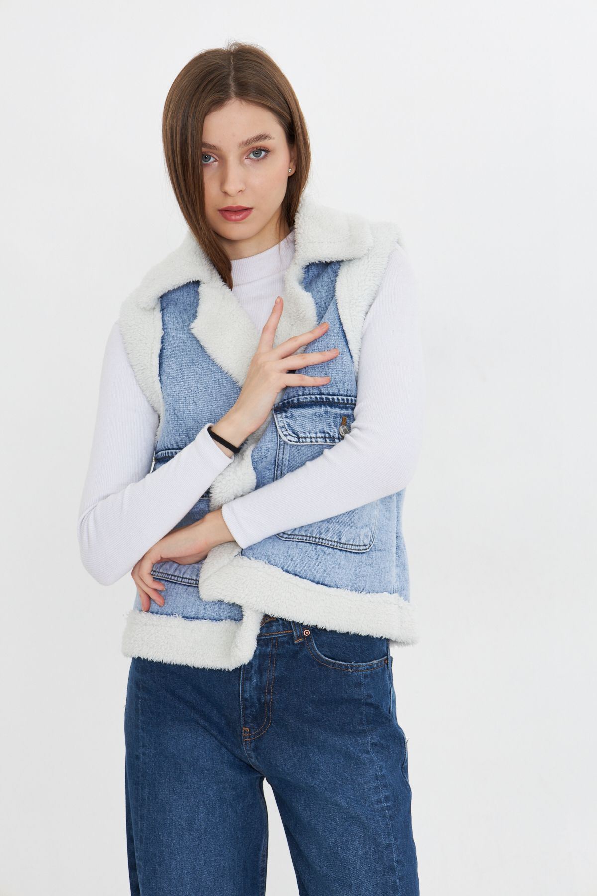 Kadın Çift Cepli Peluşlu Denim Yelek