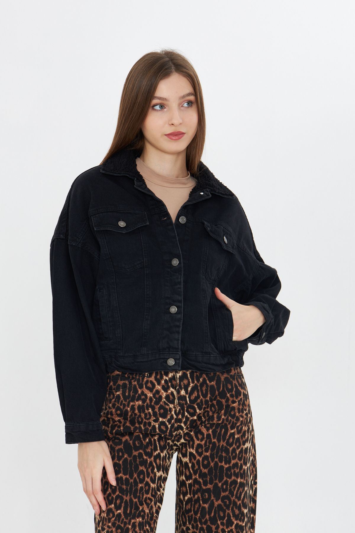 Kadın Jean Trend Kışlık Içi Kürklü Kot Ceket Siyah