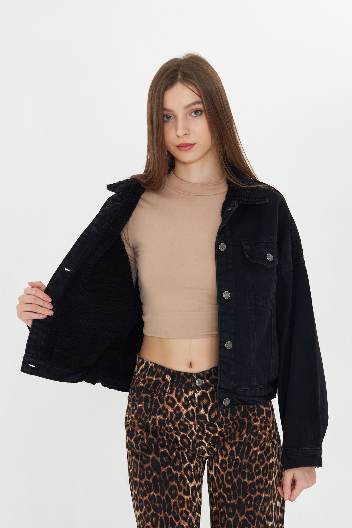 Kadın Jean Trend Kışlık Içi Kürklü Kot Ceket Siyah