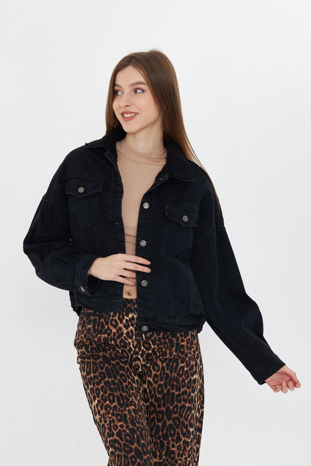 Kadın Jean Trend Kışlık Içi Kürklü Kot Ceket Siyah